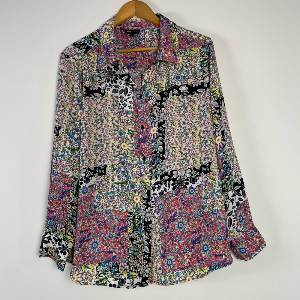 Jones NY Floral Mixed Print Button Front Shirt Size 2X Crepe Chiffon Long Sleeve